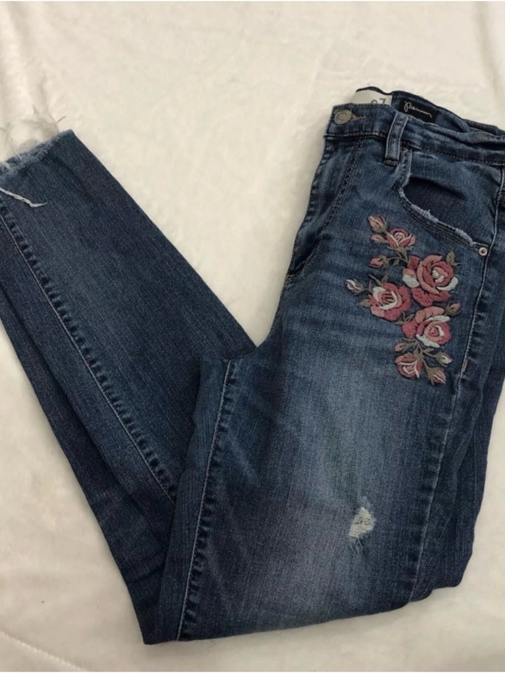 Garage Jeans Womens Distressed Pink Embroidered Flower Hi Rise Skinny Denim 07